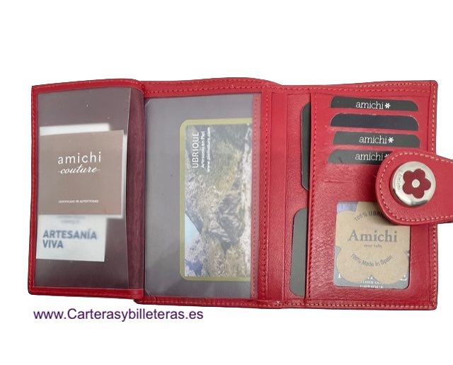 AMICHI WALLET FOR WOMAN IN LUXURY LEATHER WITH ENGRAVINGS OF AMICHI FLOWERS AND HEARTS 