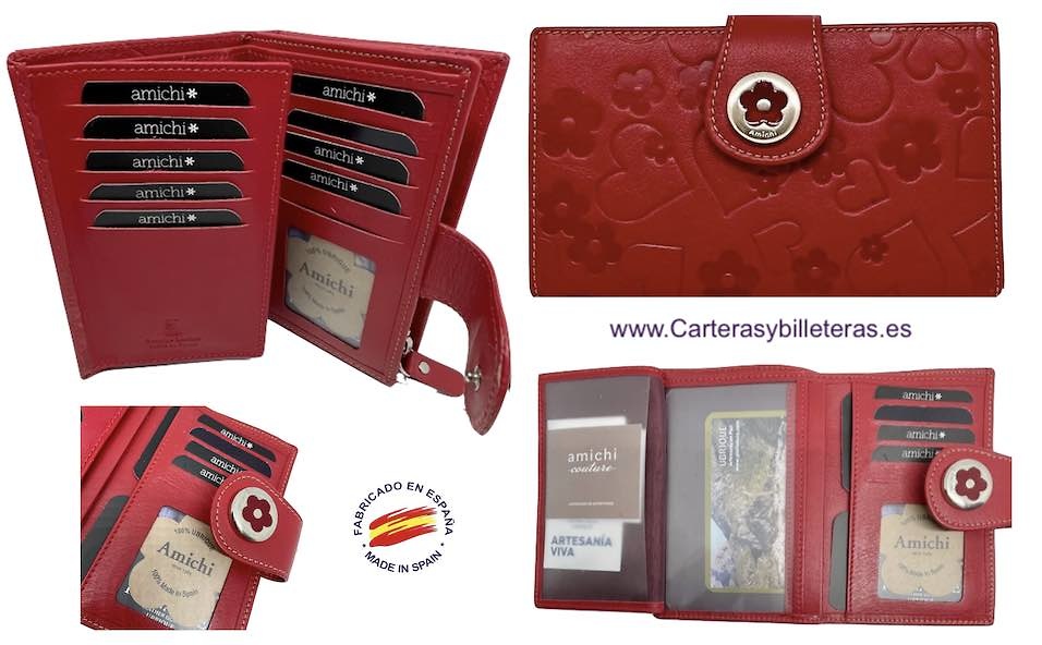 AMICHI WALLET FOR WOMAN IN LUXURY LEATHER WITH ENGRAVINGS OF AMICHI FLOWERS AND HEARTS 