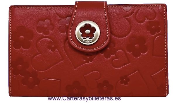 AMICHI WALLET FOR WOMAN IN LUXURY LEATHER WITH ENGRAVINGS OF AMICHI FLOWERS AND HEARTS 