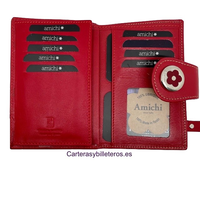 AMICHI WALLET FOR WOMAN IN LUXURY LEATHER WITH ENGRAVINGS OF AMICHI FLOWERS AND HEARTS 