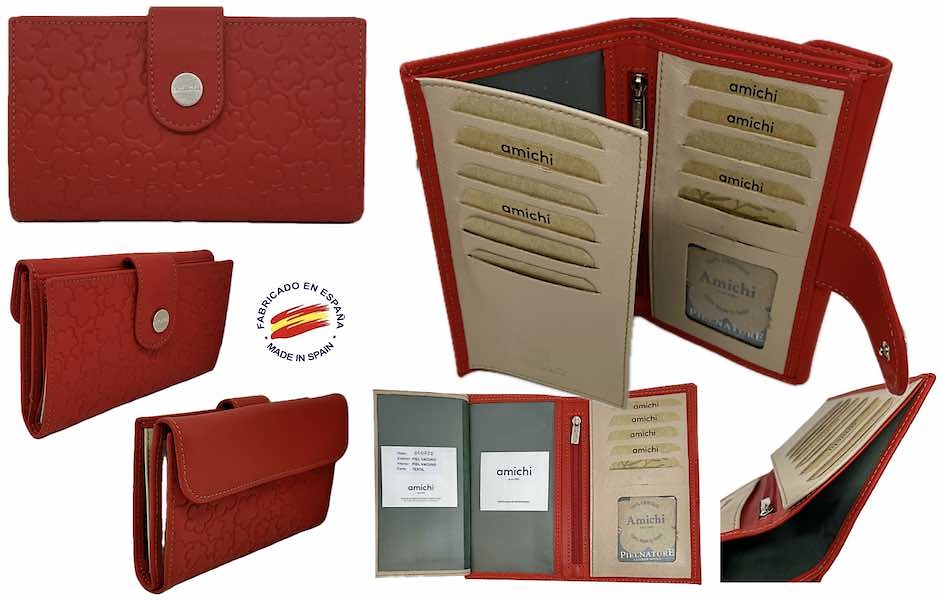 AMICHI WALLET FOR WOMAN IN LUXURY LEATHER WITH ENGRAVINGS OF AMICHI FLOWERS AND HEARTS 