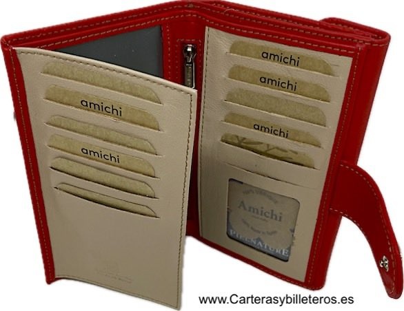 AMICHI WALLET FOR WOMAN IN LUXURY LEATHER WITH ENGRAVINGS OF AMICHI FLOWERS AND HEARTS 