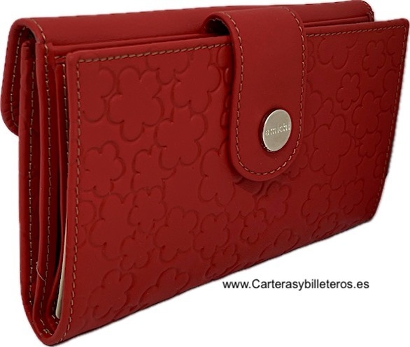 AMICHI WALLET FOR WOMAN IN LUXURY LEATHER WITH ENGRAVINGS OF AMICHI FLOWERS AND HEARTS 