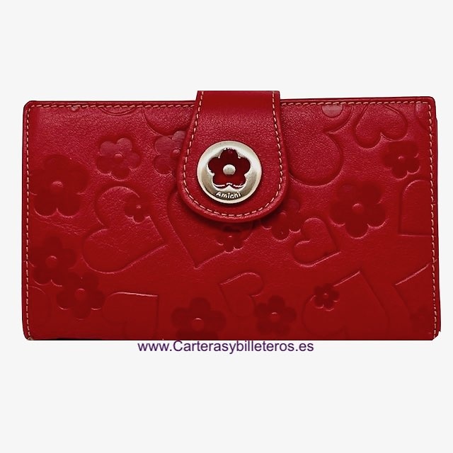 AMICHI WALLET FOR WOMAN IN LUXURY LEATHER WITH ENGRAVINGS OF AMICHI FLOWERS AND HEARTS 