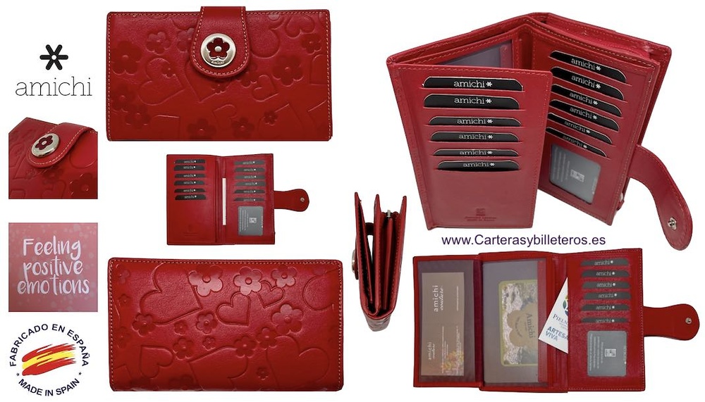 AMICHI WALLET FOR WOMAN IN LUXURY LEATHER WITH ENGRAVINGS OF AMICHI FLOWERS AND HEARTS 