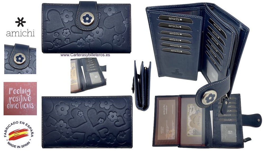 AMICHI WALLET FOR WOMAN IN LUXURY LEATHER WITH ENGRAVINGS OF AMICHI FLOWERS AND HEARTS 