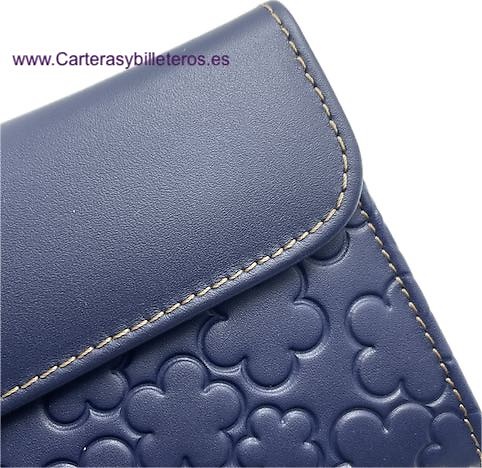 BILLETERA AMICHI DE MUJER DE PIEL LUXURY CON GRABADOS DE FLORES AMICHI GRANDE AZUL MARINO 