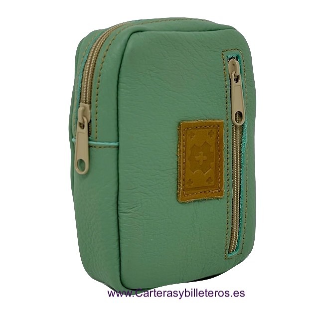 PITILLERA DE PIEL CON BOLSILLO FRONTAL + 40 COLORES -Recomendado- VERDE MAR 