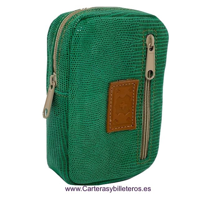 PITILLERA DE PIEL CON BOLSILLO FRONTAL + 40 COLORES -Recomendado- VERDE REPTIL 