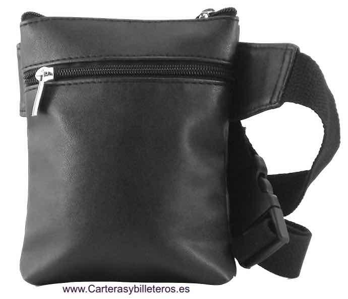 BLACK LEATHER BELT BAG WITH THREE POCKETS AND GLASS HOLDER 