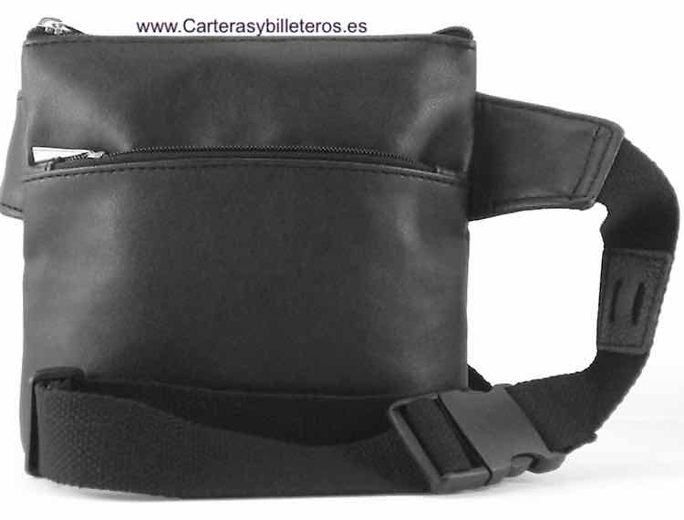 BLACK LEATHER BELT BAG WITH THREE POCKETS AND PEN HOLDER 