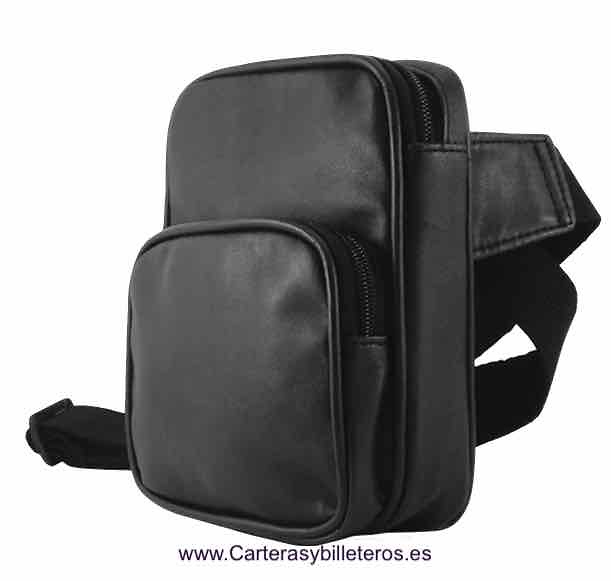 BLACK LEATHER BELT BAG WITH THREE POCKETS AND PEN HOLDER 