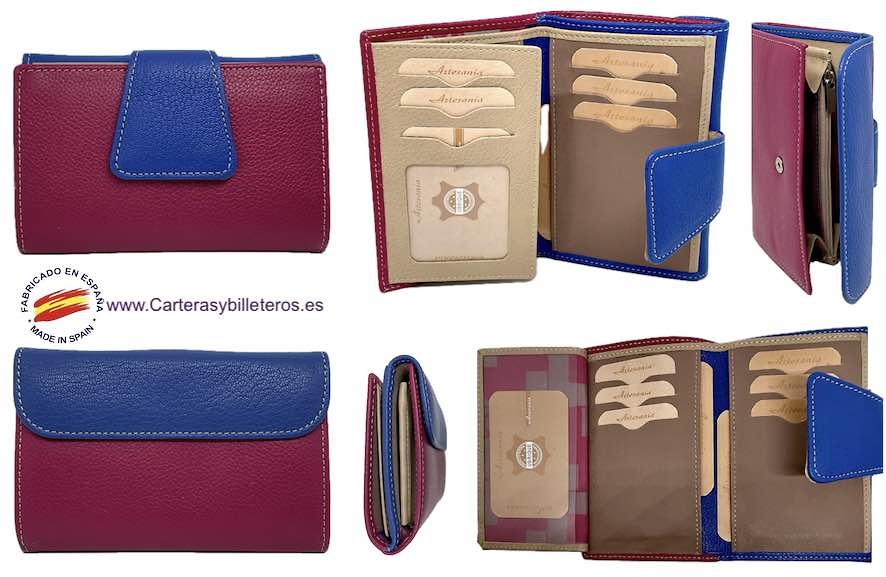 BLUE AND FUCHSIA UBRIQUE WOMEN'S LEATHER WALLET WITH COIN PURSE AND CARD HOLDER 