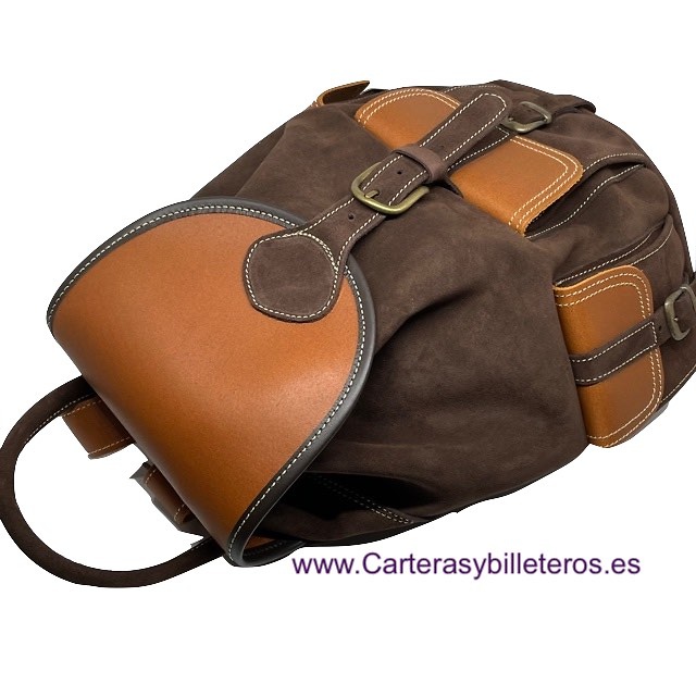 BROWN SUEDE LEATHER BACKPACK WITH NATURAL LEATHER ON THE CLOSURES AND HANDLES 