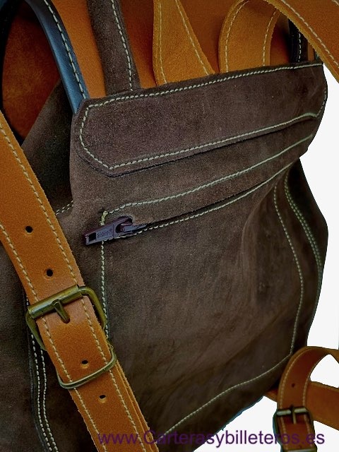 BROWN SUEDE LEATHER BACKPACK WITH NATURAL LEATHER ON THE CLOSURES AND HANDLES 