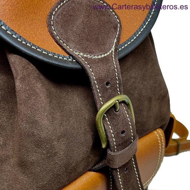 BROWN SUEDE LEATHER BACKPACK WITH NATURAL LEATHER ON THE CLOSURES AND HANDLES 