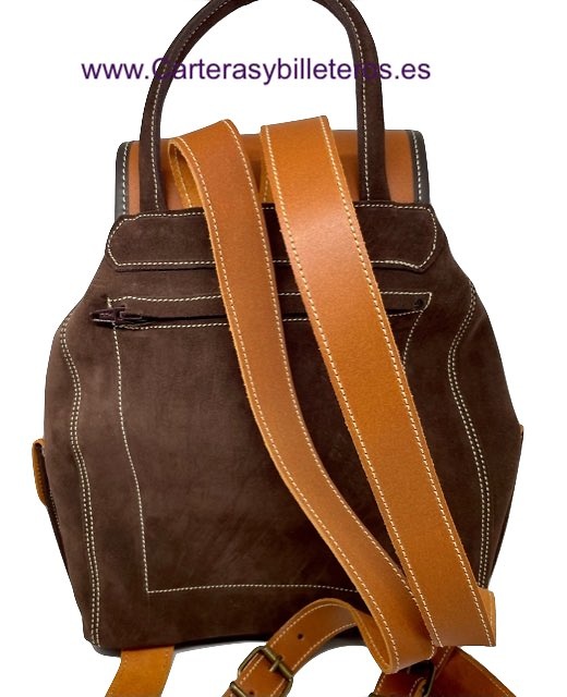 BROWN SUEDE LEATHER BACKPACK WITH NATURAL LEATHER ON THE CLOSURES AND HANDLES 