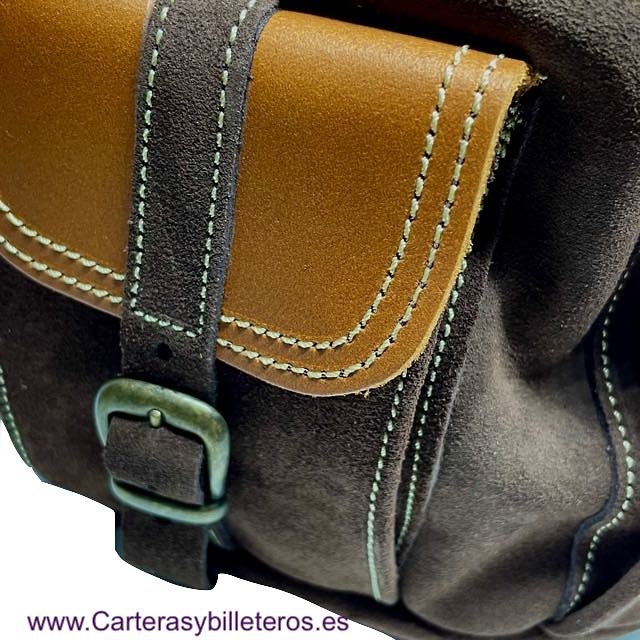 BROWN SUEDE LEATHER BACKPACK WITH NATURAL LEATHER ON THE CLOSURES AND HANDLES 