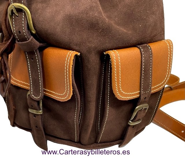 BROWN SUEDE LEATHER BACKPACK WITH NATURAL LEATHER ON THE CLOSURES AND HANDLES 