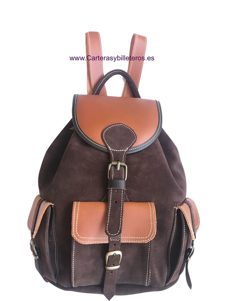 BROWN SUEDE LEATHER BACKPACK WITH NATURAL LEATHER ON THE CLOSURES AND HANDLES 