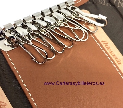 CALF LEATHER KEYCHAIN WITH EIGHT CHROME CARABINERS 