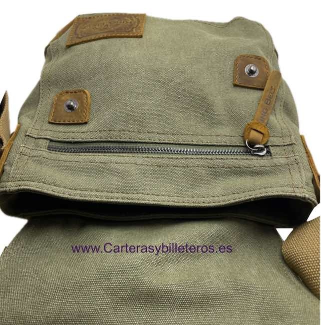 EXTRA-STRONG CANVAS AND GENUINE LEATHER BAG WITH WIDE SHOULDER STRAP, HAND STRAP AND 7 POCKETS 