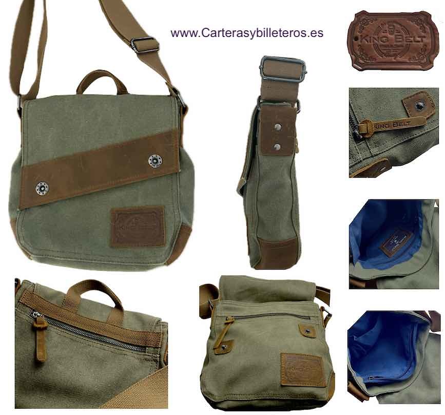 EXTRA-STRONG CANVAS AND GENUINE LEATHER BAG WITH WIDE SHOULDER STRAP, HAND STRAP AND 7 POCKETS 