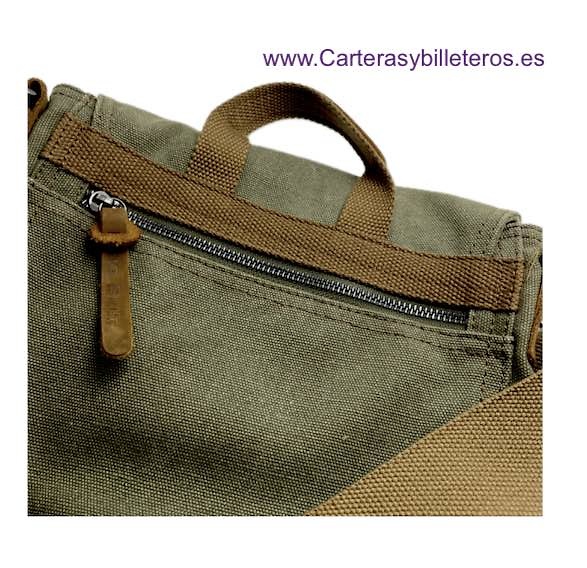 EXTRA-STRONG CANVAS AND GENUINE LEATHER BAG WITH WIDE SHOULDER STRAP, HAND STRAP AND 7 POCKETS 