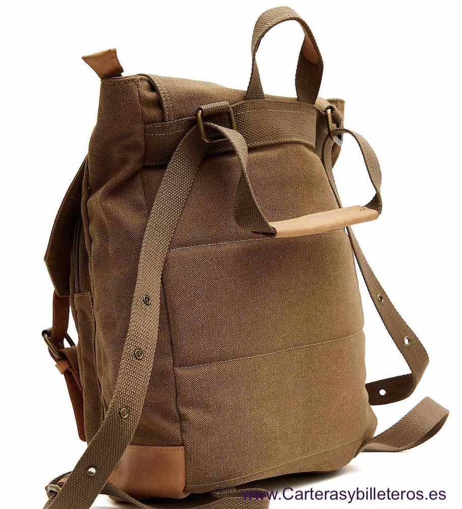 EXTRA STRONG CANVAS BACKPACK BAG WITH POCKETS AND REINFORCED LEATHER STRAPS AND HANDLES WITH METAL BUCKLES 