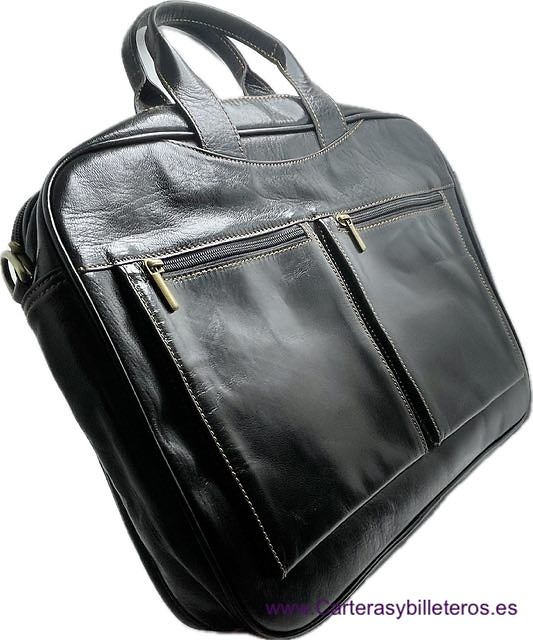 LARGE BRIEFCASE BAG IN COWHIDE LEATHER WITH HANDLE POCKETS AND SHOULDER STRAP FOR DOCUMENTS OR LAPTOP 