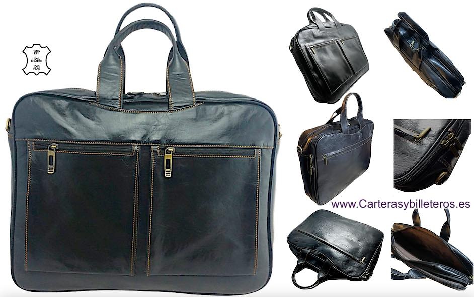 LARGE BRIEFCASE BAG IN COWHIDE LEATHER WITH HANDLE POCKETS AND SHOULDER STRAP FOR DOCUMENTS OR LAPTOP 