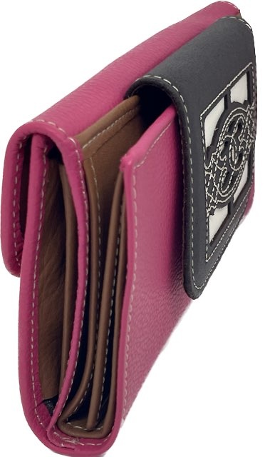 LARGE FUCHSIA WOMEN'S LEATHER WALLET WITH EMBROIDERED LEATHER FASTENER 