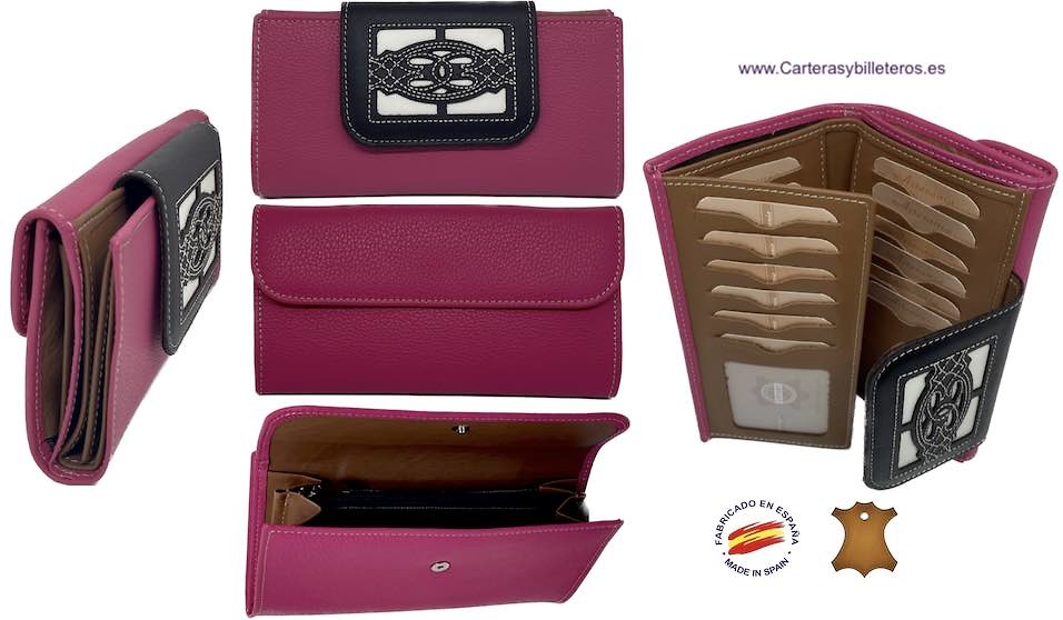 LARGE FUCHSIA WOMEN'S LEATHER WALLET WITH EMBROIDERED LEATHER FASTENER 