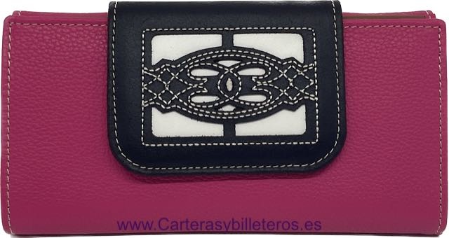 LARGE FUCHSIA WOMEN'S LEATHER WALLET WITH EMBROIDERED LEATHER FASTENER 