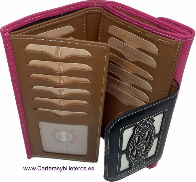 LARGE FUCHSIA WOMEN'S LEATHER WALLET WITH EMBROIDERED LEATHER FASTENER 