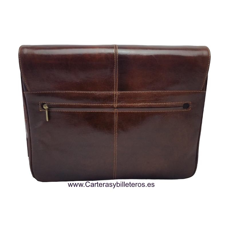 LARGE LEATHER DOCUMENT CASE WITH FLAP 4 POCKETS AND ADJUSTABLE SHOULDER STRAP 