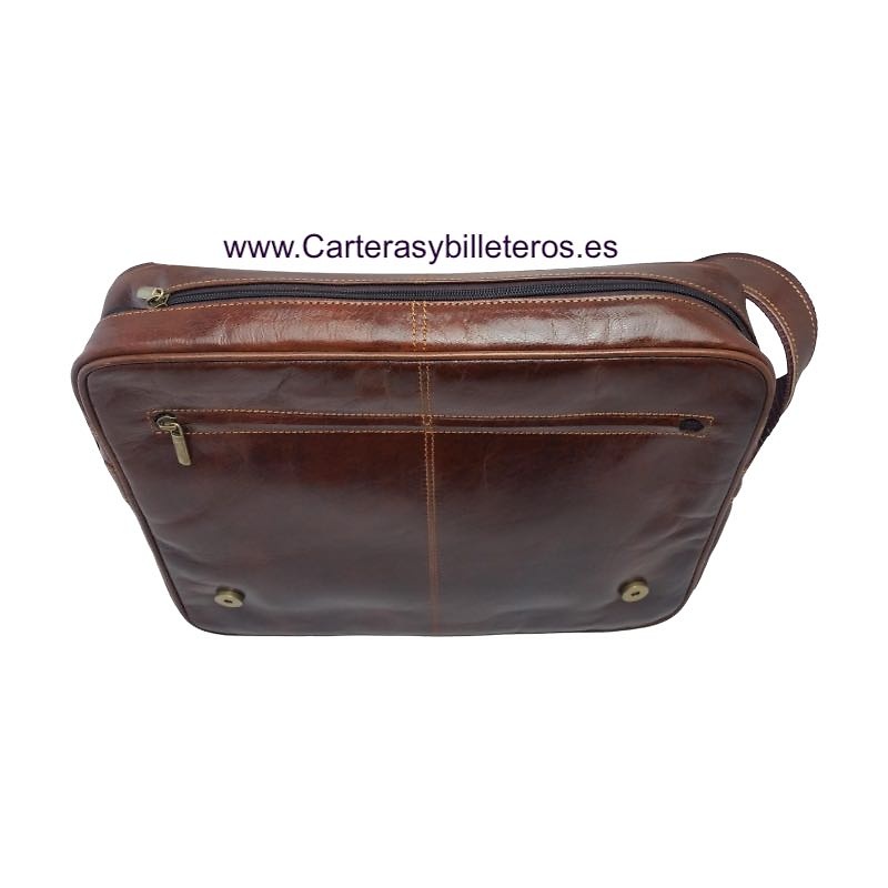 LARGE LEATHER DOCUMENT CASE WITH FLAP 4 POCKETS AND ADJUSTABLE SHOULDER STRAP 