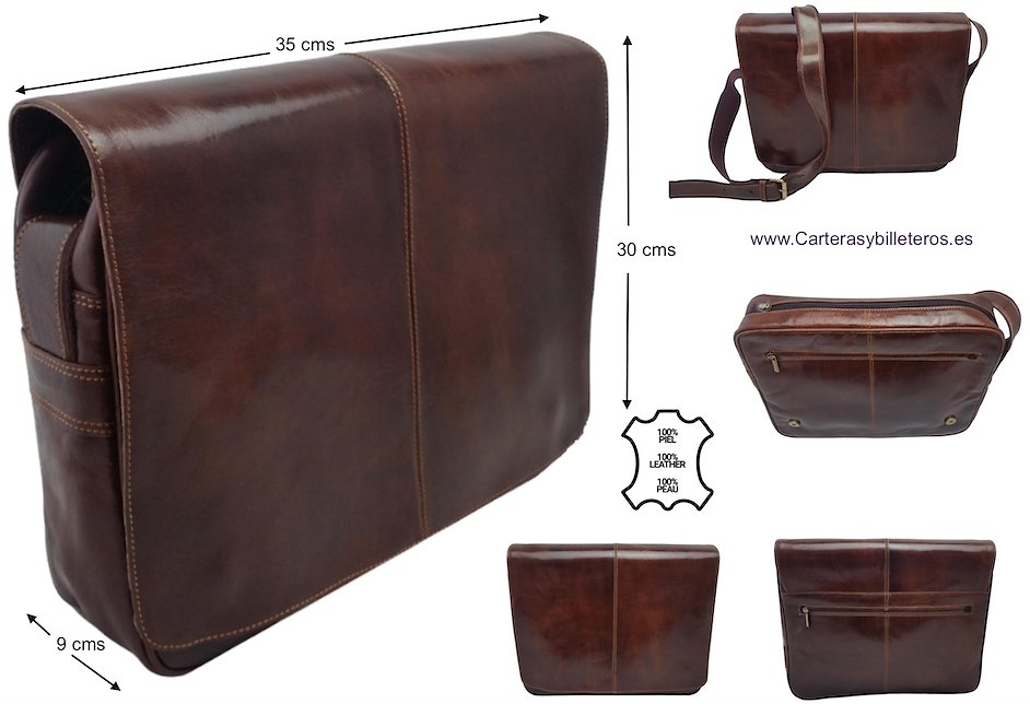 LARGE LEATHER DOCUMENT CASE WITH FLAP 4 POCKETS AND ADJUSTABLE SHOULDER STRAP 