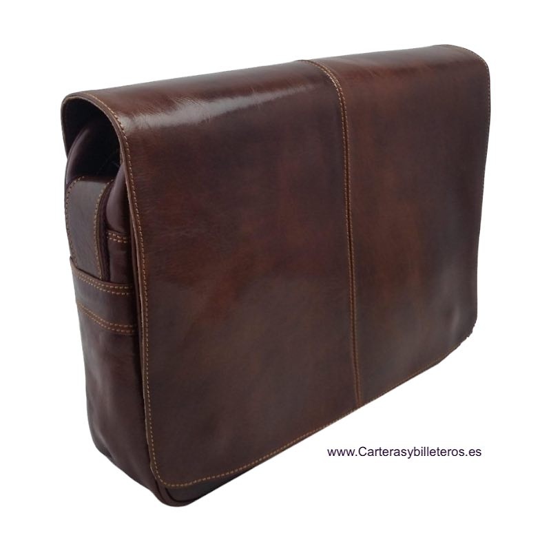 LARGE LEATHER DOCUMENT CASE WITH FLAP 4 POCKETS AND ADJUSTABLE SHOULDER STRAP 