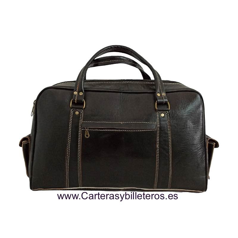 LARGE LEATHER TRAVEL BAG WITH HANDLES AND OUTSIDE POCKETS 