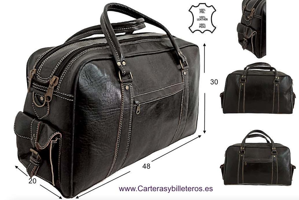 LARGE LEATHER TRAVEL BAG WITH HANDLES AND OUTSIDE POCKETS 