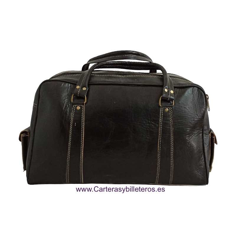 LARGE LEATHER TRAVEL BAG WITH HANDLES AND OUTSIDE POCKETS 