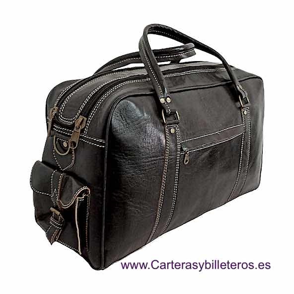 LARGE LEATHER TRAVEL BAG WITH HANDLES AND OUTSIDE POCKETS 