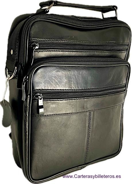 LARGE MEN'S LEATHER HANDBAG WITH SHOULDER STRAP AND HAND STRAP 