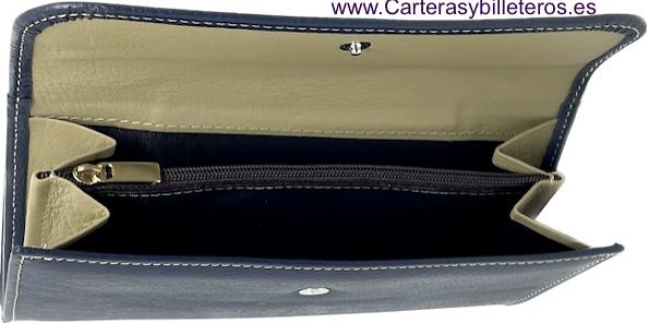 LARGE NAVY BLUE WOMEN'S LEATHER WALLET WITH EMBROIDERED LEATHER FASTENER 