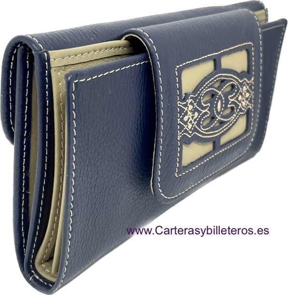 LARGE NAVY BLUE WOMEN'S LEATHER WALLET WITH EMBROIDERED LEATHER FASTENER 