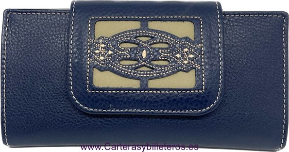 LARGE NAVY BLUE WOMEN'S LEATHER WALLET WITH EMBROIDERED LEATHER FASTENER 