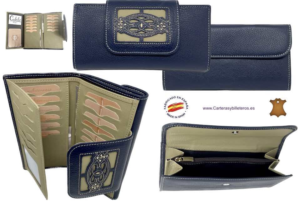 LARGE NAVY BLUE WOMEN'S LEATHER WALLET WITH EMBROIDERED LEATHER FASTENER 