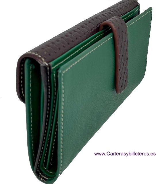 LARGE WOMEN'S GREEN UBRIQUE LEATHER WALLET WITH BROWN BRAIDED CLOSURE AND FLAP 