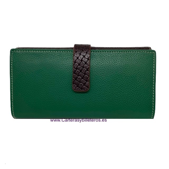 LARGE WOMEN'S GREEN UBRIQUE LEATHER WALLET WITH BROWN BRAIDED CLOSURE AND FLAP 